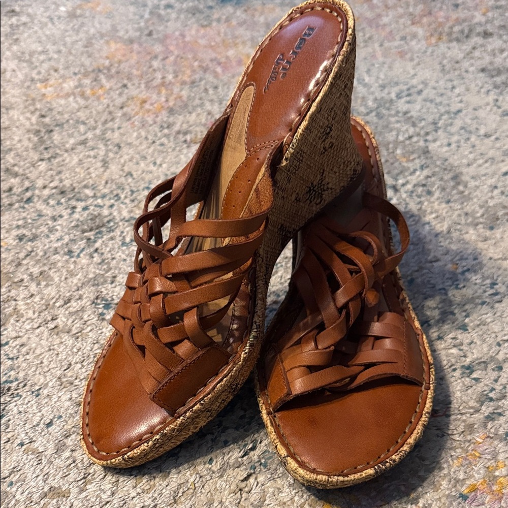Born Brown Leather Woven Sandals Wedge Heels 9